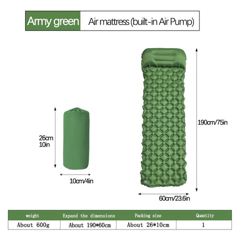Darrahopens Outdoor Recreation > Camping > Inflatable Mattresses 2pc Ultralight Inflatable Camping Sleeping Mat with Integrated Pillow - Waterproof 40D Nylon TPU(Army Green)