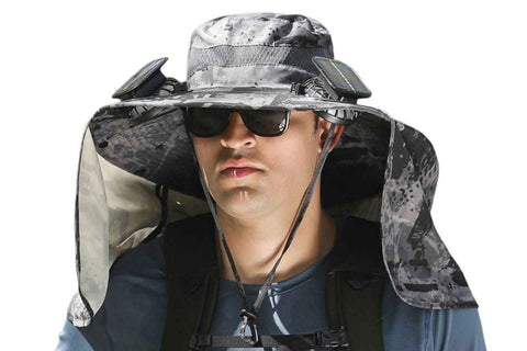 Darrahopens Outdoor Recreation > Camping > Tents Outdoor Wide Brim Sun Hat With 2 Solar Fans Fishing And Beach Hat With Built In Fan -Patterned Grey