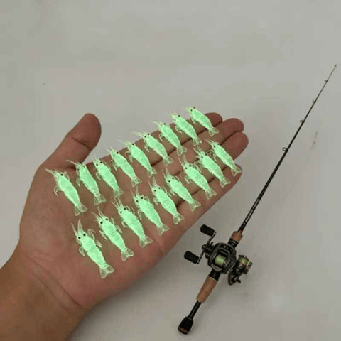 Darrahopens Outdoor Recreation > Fishing > Fishing Tackle Glow-in-the-Dark Shrimp Lure 20-Piece Box Set | Night Fishing Essential, Soft Plastic Lure with Hooks, Suitable for Freshwater and Saltwater, Ideal for Bass/Trout/Crappie/Walleye/Redfish