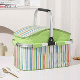 Darrahopens Outdoor Recreation > Picnic > Picnic Baskets 27L Foldable Insulated Picnic Basket Cooler Bag with Aluminum Handles, Green Striped Thermal Hamper