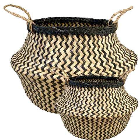 Darrahopens Outdoor Recreation > Picnic > Picnic Baskets 2x ROUND BELLY SEAGRASS STORAGE BASKET Natural Straw Folding - Chevron Black/Natural