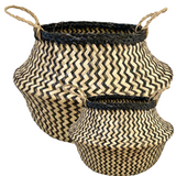 Darrahopens Outdoor Recreation > Picnic > Picnic Baskets 2x ROUND BELLY SEAGRASS STORAGE BASKET Natural Straw Folding - Chevron Black/Natural