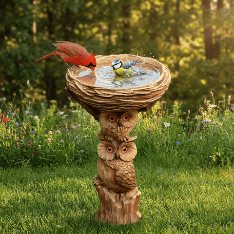 Darrahopens Pet Care > Bird > Bird Cage Accessories Resin Bird Bath Feeder Garden Ornament with Owl Design – Tree Stump Decorative Outdoor Bird Feeder for Patio, Lawn & Yard