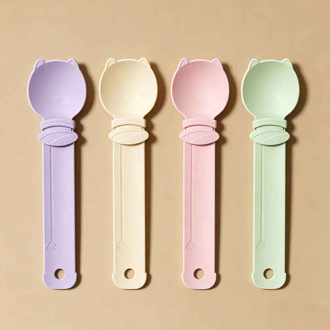 Darrahopens Pet Care > Cat Supplies > Cat Bowls, Feeders & Waterers 4-piece Beige and Pink and Green and Purple Cat Treat Spoon for Wet Food & Paste - Extra-Long PP Handle, Food-Grade Squeeze Feeder with Anti-Spill Bowl, Easy One-Handed Operation for Cats