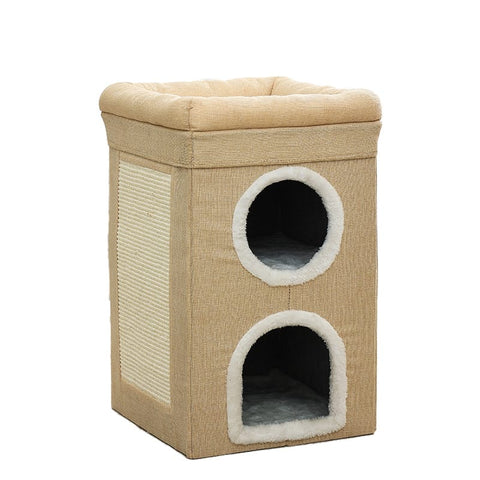 Darrahopens Pet Care > Cat Supplies > Cat Furniture Beige 3-Story Villa Cat House with Scratching Posts - Foldable Double-Decker Cat Condo, Warm & Breathable All-Season Pet Bed, Multi-Functional Play & Sleep Space, Durable Easy-Clean Fabric