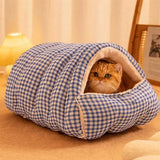 Darrahopens Pet Care > Cat Supplies > Cat Furniture Cat House - Cat Basket - Plush and Warm - Removable and Washable - Closed Cat Bed for Winter - Suitable for Indoor and Outdoor Use in Winter, Camping, Travel, Bedroom, Living Room and Apartment - Blue and White Checkered Pattern