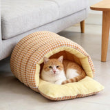 Darrahopens Pet Care > Cat Supplies > Cat Furniture Cat House - Cat Basket - Plush and Warm - Removable and Washable - Closed Cat Bed for Winter - Suitable for Indoor and Outdoor Use in Winter, Camping, Travel, Bedroom, Living Room - Orange and White Checkered Pattern