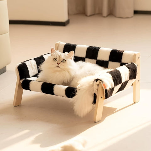 Darrahopens Pet Care > Cat Supplies > Cat Furniture cat sofa bed, faux-fur cat bed, checkered pet bed, warm pet bed, washable pet bed, wooden cat bed, small dog bed, Australian pet bed - black and white squares - Size L In Australia - Darrahopens