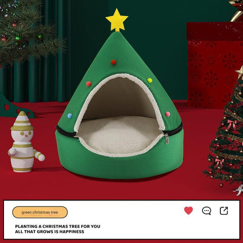 Darrahopens Pet Care > Cat Supplies > Cat Furniture Festive Detachable Pet House - Cozy Green Christmas tree Design (S - 37x46cm)
