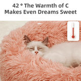 Darrahopens Pet Care > Cat Supplies > Cat Furniture Grey Cozy Donut Long Plush Cat & Dog Calming Bed(Diameter 50cm) - Double-Layer PP Cotton Filling Warming Pet Bed with Anti-Slip Base & Free Blanket