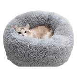 Darrahopens Pet Care > Cat Supplies > Cat Furniture Grey Cozy Donut Long Plush Cat & Dog Calming Bed(Diameter 50cm) - Double-Layer PP Cotton Filling Warming Pet Bed with Anti-Slip Base & Free Blanket