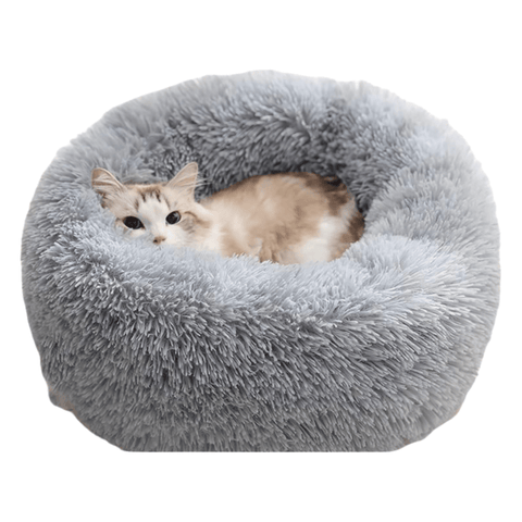Darrahopens Pet Care > Cat Supplies > Cat Furniture Grey Cozy Donut Long Plush Cat & Dog Calming Bed(Diameter 50cm) - Double-Layer PP Cotton Filling Warming Pet Bed with Anti-Slip Base & Free Blanket