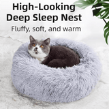 Darrahopens Pet Care > Cat Supplies > Cat Furniture Grey Cozy Donut Long Plush Cat & Dog Calming Bed(Diameter 50cm) - Double-Layer PP Cotton Filling Warming Pet Bed with Anti-Slip Base & Free Blanket