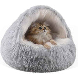 Darrahopens Pet Care > Cat Supplies > Cat Furniture Grey Winter Long Plush Round Donut Cat Bed M Size Dia 40CM - Soft Fluffy Semi-Enclosed Pet Cave Bed with Non-Slip Base, Machine Washable for Cats Dogs Home and Travel Use