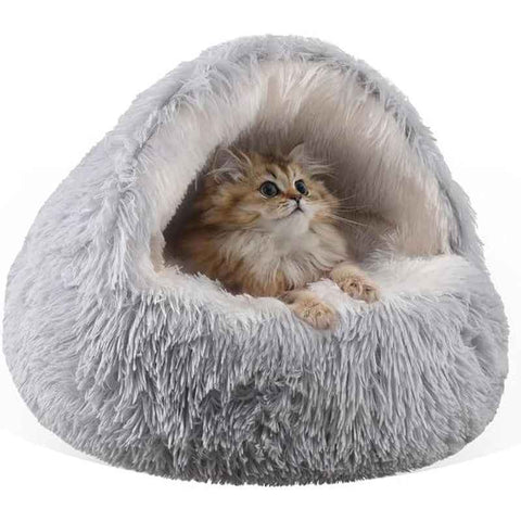 Darrahopens Pet Care > Cat Supplies > Cat Furniture Grey Winter Long Plush Round Donut Cat Bed XL Size Dia 60CM - Soft Fluffy Semi-Enclosed Pet Cave Bed with Non-Slip Base, Machine Washable for Cats Dogs Home and Travel Use
