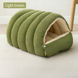 Darrahopens Pet Care > Cat Supplies > Cat Furniture High-Elasticity Warm Cat Bed: 45×30×19cm Wrapped Design, Striped Fleece + Arctic Fleece Heat Retention, Removable & Washable（light GREEN）