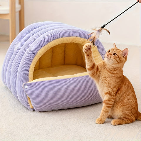 Darrahopens Pet Care > Cat Supplies > Cat Furniture High-Elasticity Warm Cat Bed: 45×30×19cm Wrapped Design, Striped Fleece + Arctic Fleece Heat Retention, Removable & Washable（light purple）