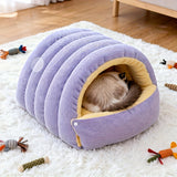 Darrahopens Pet Care > Cat Supplies > Cat Furniture High-Elasticity Warm Cat Bed: 45×30×19cm Wrapped Design, Striped Fleece + Arctic Fleece Heat Retention, Removable & Washable（light purple）