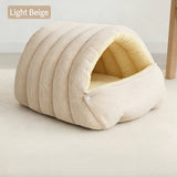 Darrahopens Pet Care > Cat Supplies > Cat Furniture High-Elasticity Warm Cat Bed: 57×37×28cm Wrapped Design, Striped Fleece + Arctic Fleece Heat Retention, Removable & Washable（light beige）