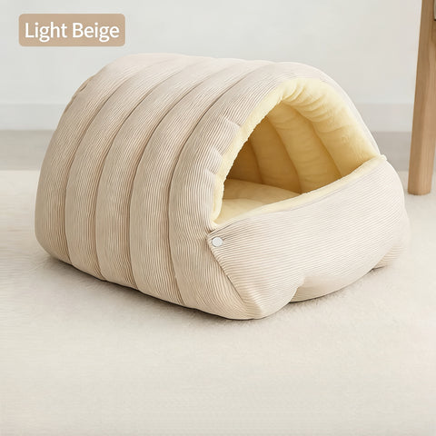 Darrahopens Pet Care > Cat Supplies > Cat Furniture High-Elasticity Warm Cat Bed: 57×37×28cm Wrapped Design, Striped Fleece + Arctic Fleece Heat Retention, Removable & Washable（light beige）