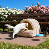 Darrahopens Pet Care > Cat Supplies > Cat Furniture High-Elasticity Warm Cat Bed: 57×37×28cm Wrapped Design, Striped Fleece + Arctic Fleece Heat Retention, Removable & Washable（light beige）