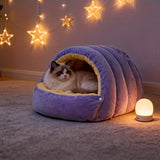 Darrahopens Pet Care > Cat Supplies > Cat Furniture High-Elasticity Warm Cat Bed: 57×37×28cm Wrapped Design, Striped Fleece + Arctic Fleece Heat Retention, Removable & Washable（light beige）