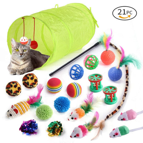 Darrahopens Pet Care > Cat Supplies > Cat Furniture Pet Toy Super Set (21 Pcs) - Cat Tunnel, Teaser, Mice, Jingle Balls, & Pom Poms. (Note: accessory colors are shipped randomly).