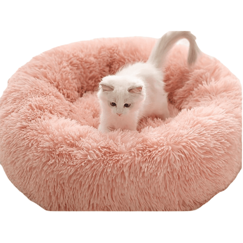 Darrahopens Pet Care > Cat Supplies > Cat Furniture Pink Cozy Donut Long Plush Cat & Dog Calming Bed(Diameter 50cm) - Double-Layer PP Cotton Filling Warming Pet Bed with Anti-Slip Base & Free Blanket