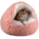 Darrahopens Pet Care > Cat Supplies > Cat Furniture Pink Winter Long Plush Round Donut Cat Bed L Size Dia 50CM - Soft Fluffy Semi-Enclosed Pet Cave Bed with Non-Slip Base, Machine Washable for Cats Dogs Home and Travel Use