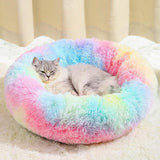 Darrahopens Pet Care > Cat Supplies > Cat Furniture Rainbow Colors Cozy Donut Long Plush Cat & Dog Calming Bed(Diameter 50cm) - Double-Layer PP Cotton Filling Warming Pet Bed with Anti-Slip Base & Free Blanket