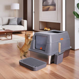 Darrahopens Pet Care > Cat Supplies > Cat Litter 65L Big Cat Stainless Steel Litter Box With Lid High Wall With Triple Pedal Gray