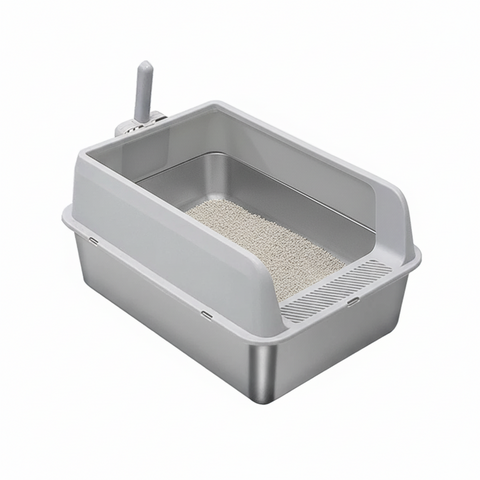 Darrahopens Pet Care > Cat Supplies > Cat Litter P&P Grey Silver Stainless Steel Cat Litter Box with High Sides, Open Top and Scoop