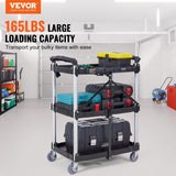 Darrahopens Pet Care > Cat Supplies > Cat Litter VEVOR Foldable Utility Service Cart, 3 Shelf 165LBS Heavy Duty Plastic Rolling Cart with Lockable Wheels, Ergonomic Handle, Portable Garage Tool Cart for Warehouse/Office/Home(25.62"x15.43"x32.76")