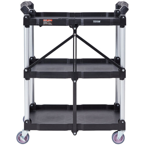 Darrahopens Pet Care > Cat Supplies > Cat Litter VEVOR Foldable Utility Service Cart, 3 Shelf 165LBS Heavy Duty Plastic Rolling Cart with Lockable Wheels, Ergonomic Handle, Portable Garage Tool Cart for Warehouse/Office/Home(25.62"x15.43"x32.76")