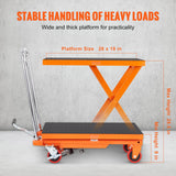 Darrahopens Pet Care > Cat Supplies > Cat Litter VEVOR Hydraulic Lift Table Cart, 500lbs Capacity 28.5" Lifting Height, Manual Single Scissor Lift Table with 4 Wheels and Non-slip Pad, Hydraulic Scissor Cart for Material Handling, Orange
