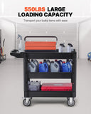 Darrahopens Pet Care > Cat Supplies > Cat Litter VEVOR Utility Service Cart, 550 LBS Laod Capacity, 3 Shelf Heavy Duty Plastic Rolling Utility Cart with 360° Swivel Wheels (2 with Brakes), Ergonomic Storage Handle for Warehouse/Garage/Cleaning