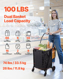 Darrahopens Pet Care > Cat Supplies > Cat Scratchers VEVOR Shopping Cart, Folding Grocery Utility Cart with Dual Baskets, Waterproof Liner & Wheels, 45 KG Large Load Capacity, Heavy Duty Laundry Basket for Laundry, Shopping, Camping, Grocery, Luggage