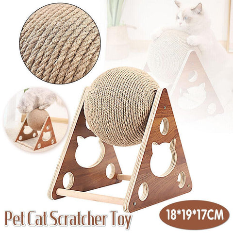 Darrahopens Pet Care > Cat Supplies > Cat Scratchers Wooden Cat Scratcher Toy with Rotating Sisal Ball Scratch Post Triangle Frame