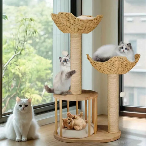 Darrahopens Pet Care > Cat Supplies > Cat Scratching Posts Large Cat Scratching Post Tree Tower with Baskets and Cubby Cave in Natural Wood & White, 60x40x99cm In Australia - Darrahopens