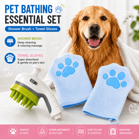 Darrahopens Pet Care > Cleaning & Maintenance > Pet Cleaning Supplies 3-piece Pet Grooming Bathing Kit with 2 pack Blue Pet Drying Glove Towel and White Pet Shower Sprayer Brush Set - Coral Fleece Quick Dry Absorbent Cleaning Towel, Water Control Bath Tool for Dogs and Cats