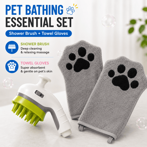 Darrahopens Pet Care > Cleaning & Maintenance > Pet Cleaning Supplies 3-piece Pet Grooming Bathing Kit with 2 pack Grey Pet Drying Glove Towel and White Pet Shower Sprayer Brush Set - Coral Fleece Quick Dry Absorbent Cleaning Towel, Water Control Bath Tool for Dogs and Cats