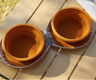 Darrahopens Pet Care > Cleaning & Maintenance > Pet Cleaning Supplies Brown Portable Collapsible Double Pet Bowls for Dogs and Cats - 2x 450ml Food Grade Silicone Travel Feeder with Zippered Paw Carrying Case - Lightweight Outdoor Water and Food Bowl Set