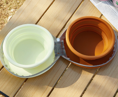 Darrahopens Pet Care > Cleaning & Maintenance > Pet Cleaning Supplies Brown-yellow Portable Collapsible Double Pet Bowls for Dogs and Cats - 2x 450ml Food Grade Silicone Travel Feeder with Zippered Paw Carrying Case - Lightweight Outdoor Water and Food Bowl Set