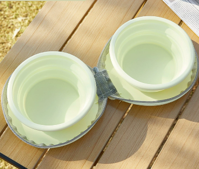 Darrahopens Pet Care > Cleaning & Maintenance > Pet Cleaning Supplies Light Yellow Portable Collapsible Double Pet Bowls for Dogs and Cats - 2x 450ml Food Grade Silicone Travel Feeder with Zippered Paw Carrying Case - Lightweight Outdoor Water and Food Bowl Set