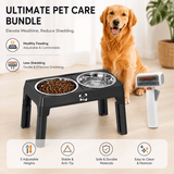 Darrahopens Pet Care > Cleaning & Maintenance > Pet Cleaning Supplies Pet Care Bundle Set – Black Adjustable Elevated Double Dog Bowl & White and Grey 2-in-1 Self-Cleaning Pet Grooming Comb, Stainless Steel Feeding Station and Deshedding Brush for Dogs & Cats