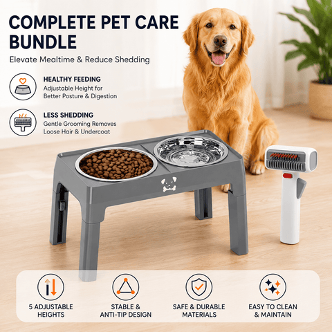 Darrahopens Pet Care > Cleaning & Maintenance > Pet Cleaning Supplies Pet Care Bundle Set – Grey Adjustable Elevated Double Dog Bowl & White and Grey 2-in-1 Self-Cleaning Pet Grooming Comb, Stainless Steel Feeding Station and Deshedding Brush for Dogs & Cats