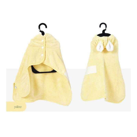 Yellow L size Pet Drying Robe with Hood - Quick Dry Coral Fleece Towel for Dogs and Cats, Super Absorbent Bathrobe with Cute Rabbit Ears, Adjustable Fit for All Sizes, Easy to Wear and Machine Washable