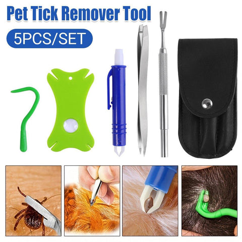 Darrahopens Pet Care > Cleaning & Maintenance > Pet Grooming Supplies 5PCS Pet Flea Tick Removal Tool Set Dog Cat Lice Fork Tweezers Kit Silver Hook