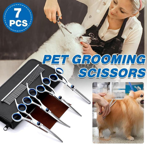 Darrahopens Pet Care > Cleaning & Maintenance > Pet Grooming Supplies 7PCS Pet Grooming Scissors Set Straight Curved Dog Cat Cutting Thinning Shears