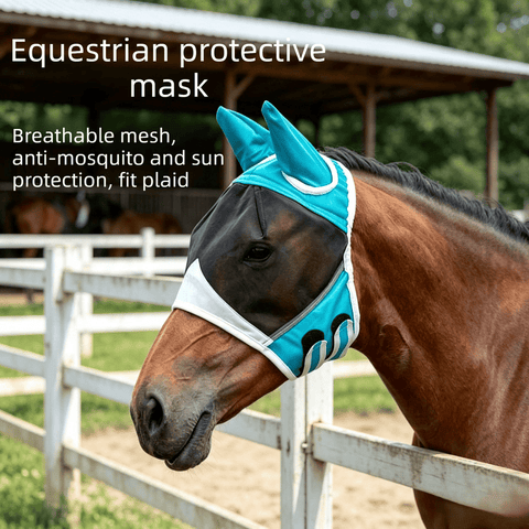 Breathable Horse Face Mask - Mosquito, Insect, and Fly Protection - Equestrian and Race Horse Head Cover - Blue - S
